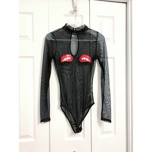 Mesh Bodysuit w/ Lip Appliques